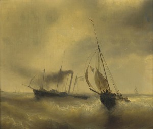 A paddle steamer passing a French fishing vessel in rough waters